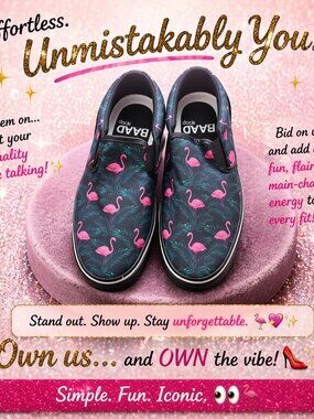 RAAD Shop Black Pink Tropical Print Canvas Flamingo Slip-On Shoe Sneakers Size 8